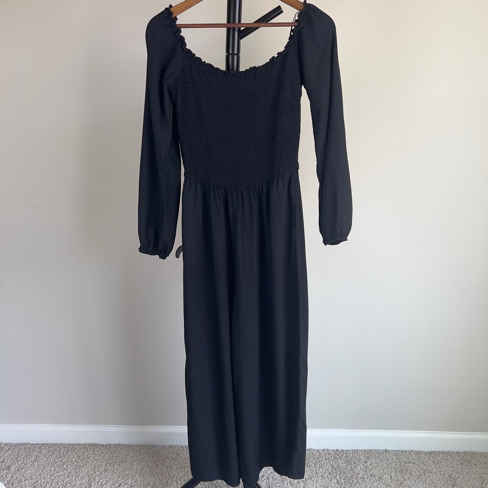 Hollister Black Smocked Long Sleeve Wide Leg Jumpsuit Womens Small Boho Chic